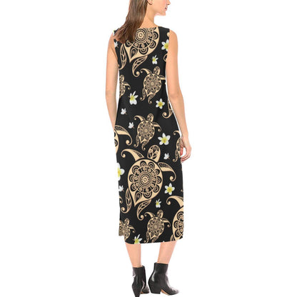 Turtle Polynesian Tribal Hawaiian Sleeveless Open Fork Long Dress