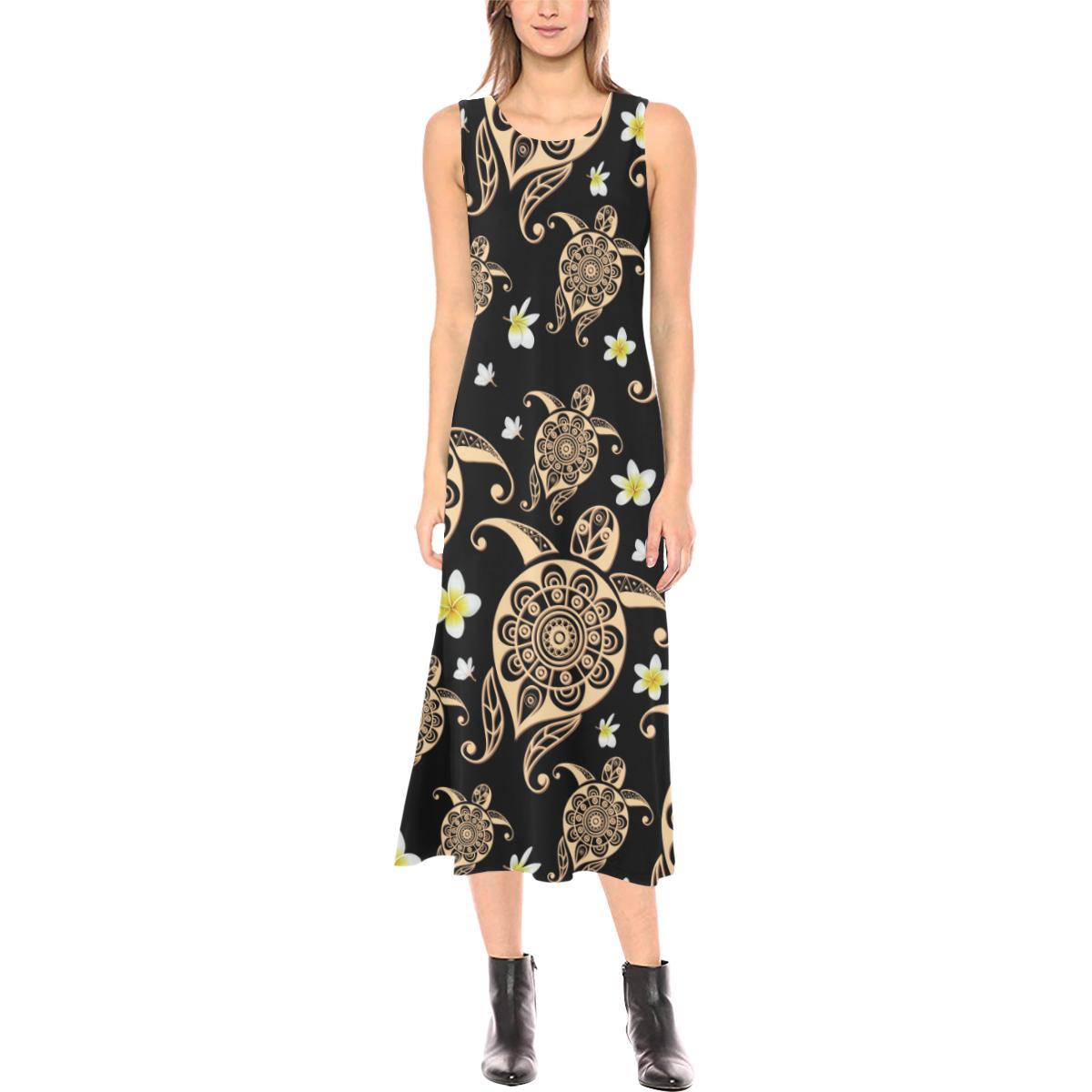 Turtle Polynesian Tribal Hawaiian Sleeveless Open Fork Long Dress