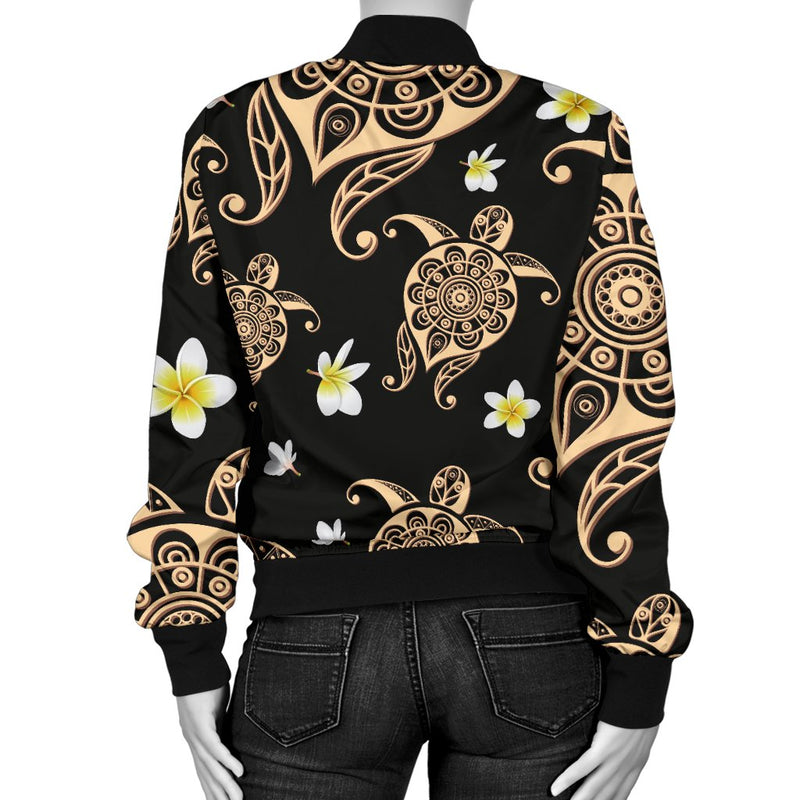 Turtle Polynesian Tribal Hawaiian Women Casual Bomber Jacket