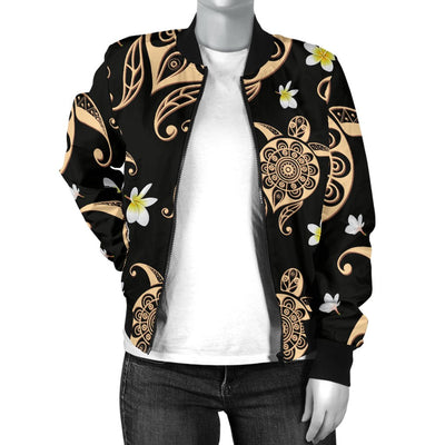 Turtle Polynesian Tribal Hawaiian Women Casual Bomber Jacket