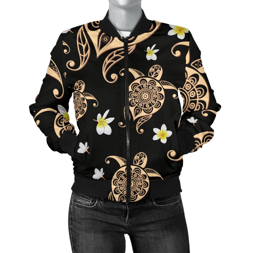 Turtle Polynesian Tribal Hawaiian Women Casual Bomber Jacket