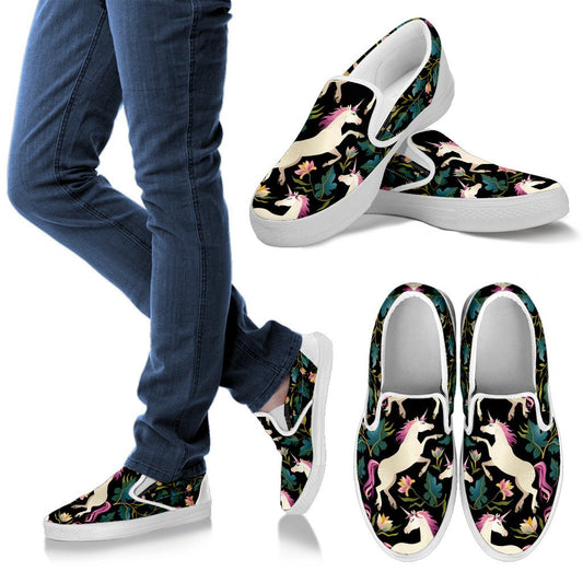 Unicorn in Floral Women Canvas Slip On Shoes