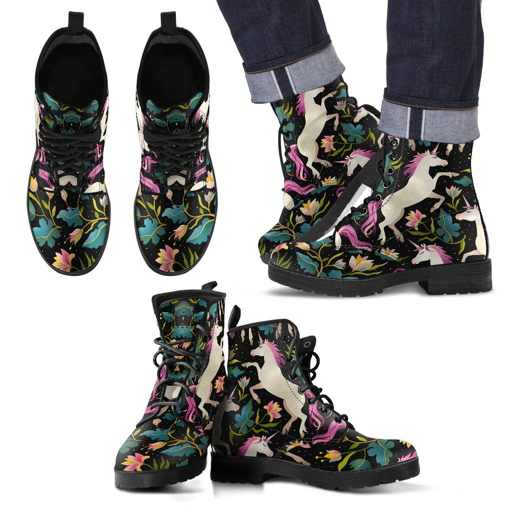 Unicorn in Floral Women & Men Leather Boots