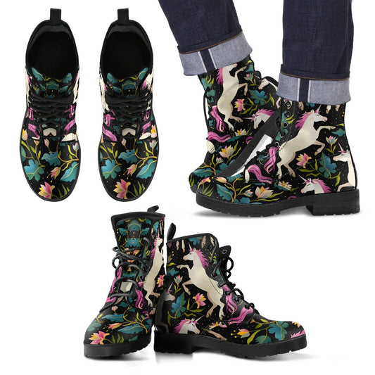 Unicorn in Floral Women & Men Leather Boots