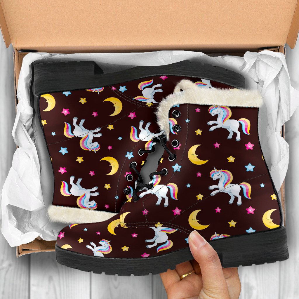 Unicorn Moon Star Faux Fur Leather Boots