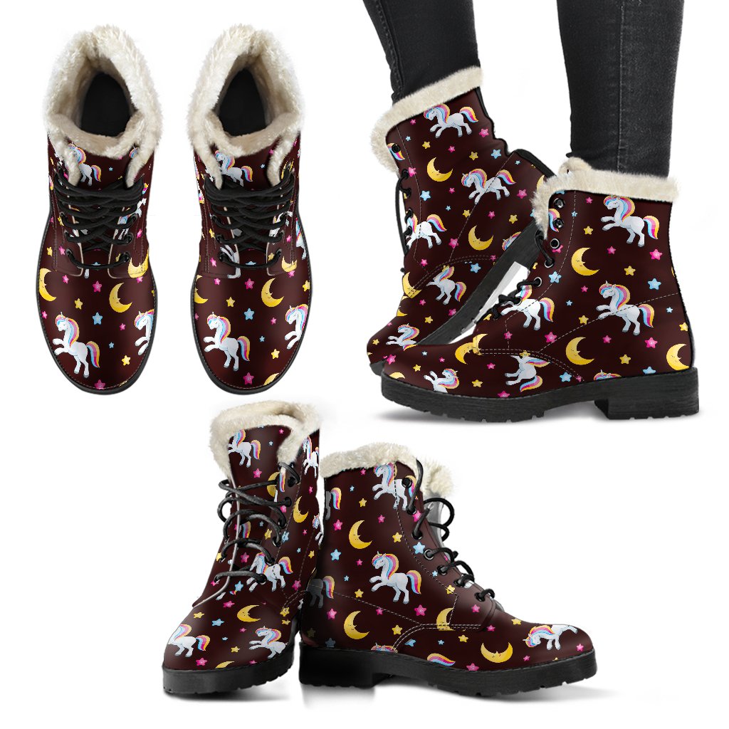 Unicorn Moon Star Faux Fur Leather Boots