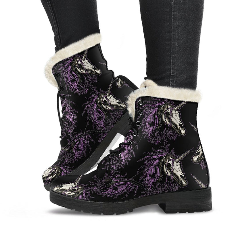 Unicorn Skull head Faux Fur Leather Boots