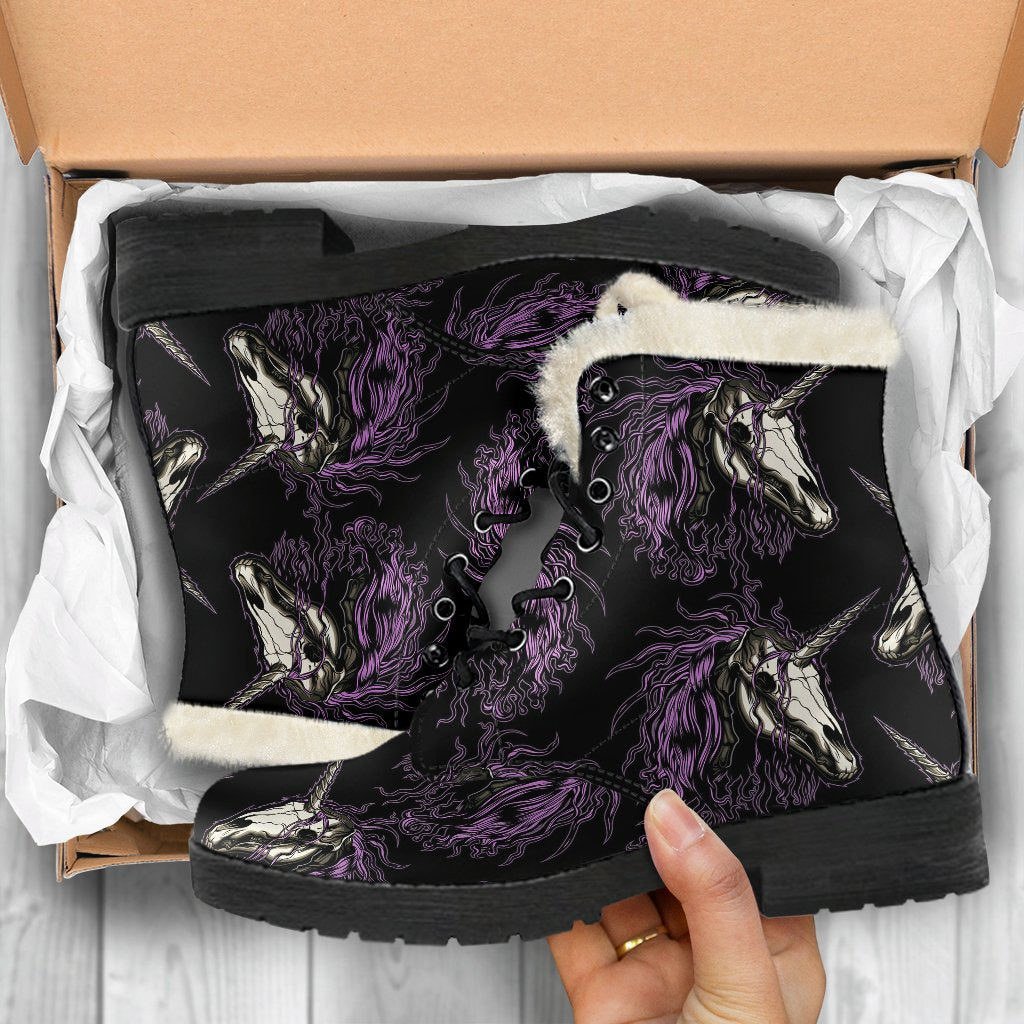 Unicorn Skull head Faux Fur Leather Boots