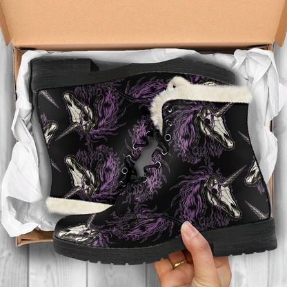 Unicorn Skull head Faux Fur Leather Boots