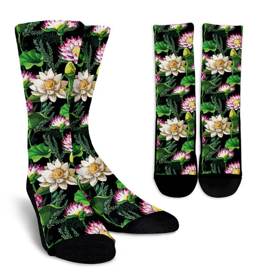 Water Lily Pattern Print Design WL010 Crew Socks-JORJUNE.COM
