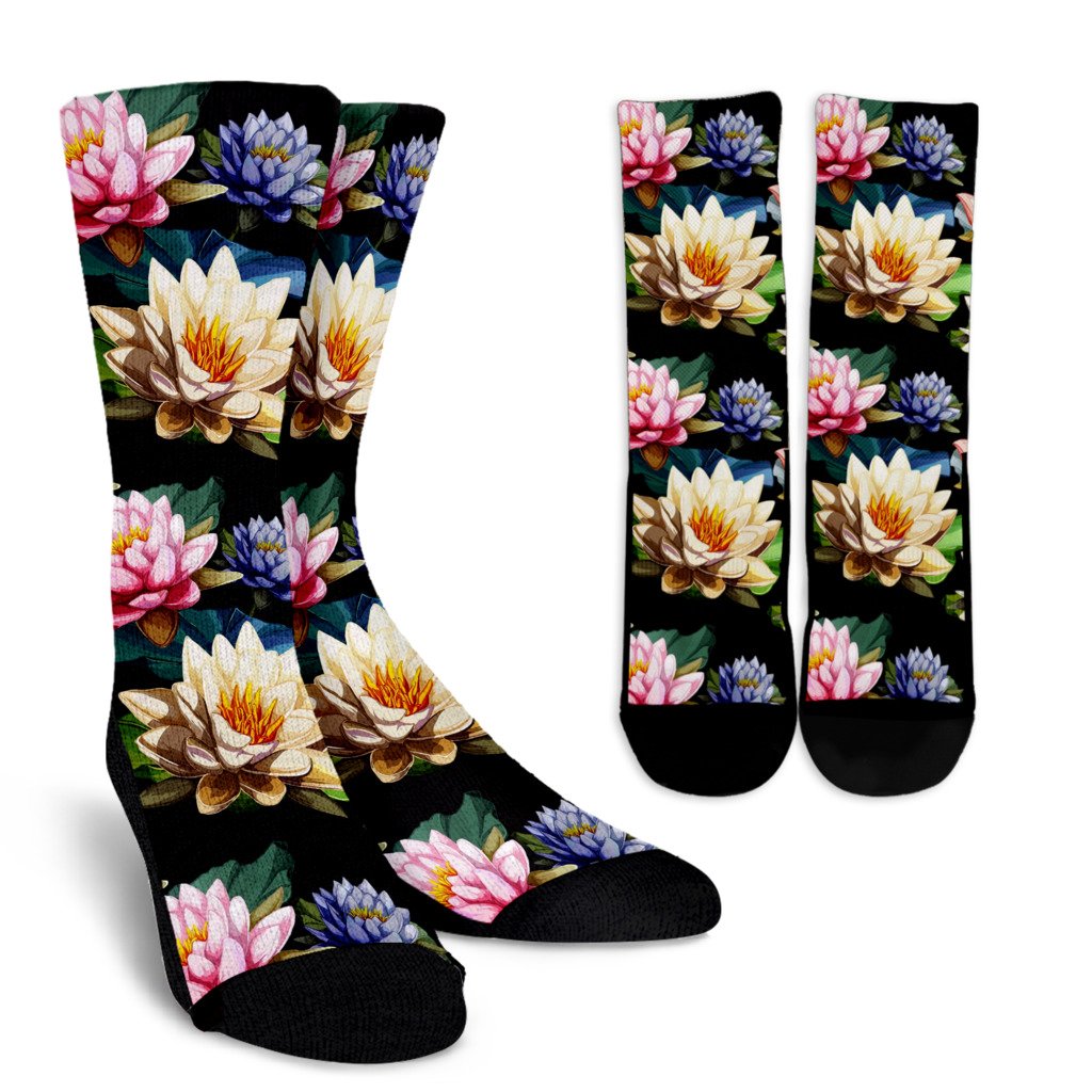 Water Lily Pattern Print Design WL02 Crew Socks-JORJUNE.COM