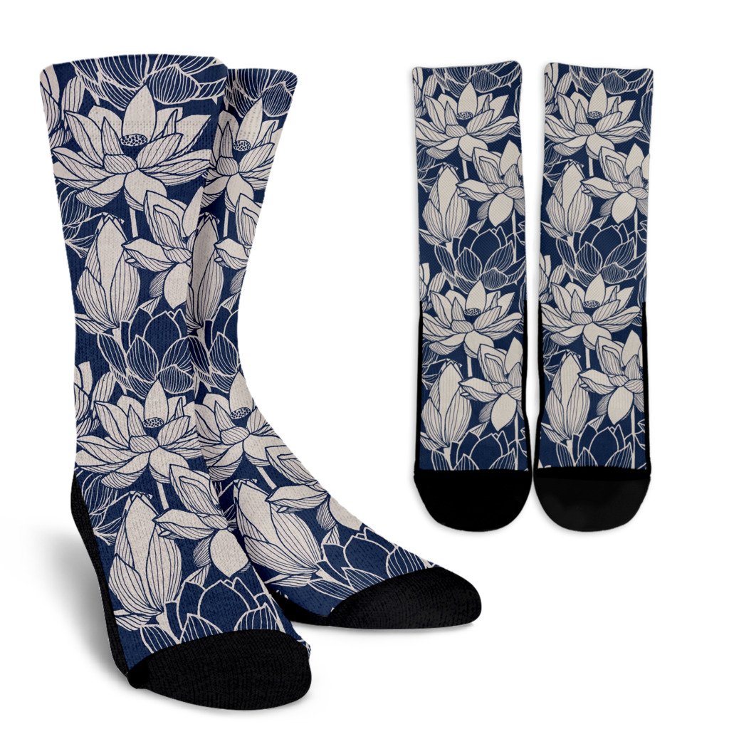Water Lily Pattern Print Design WL04 Crew Socks-JORJUNE.COM