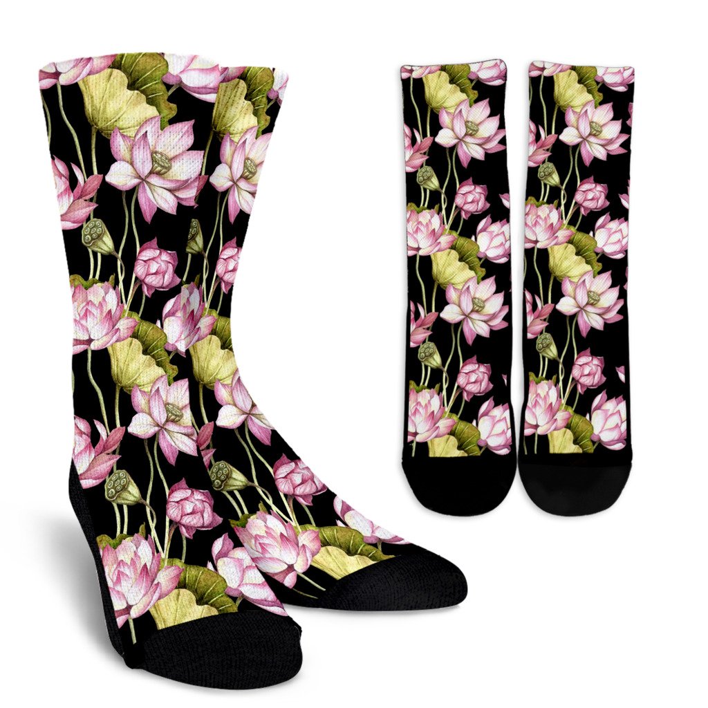 Water Lily Pattern Print Design WL06 Crew Socks-JORJUNE.COM