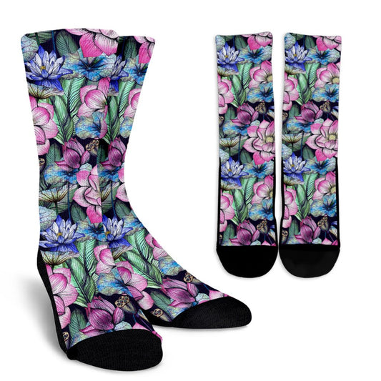 Water Lily Pattern Print Design WL07 Crew Socks-JORJUNE.COM