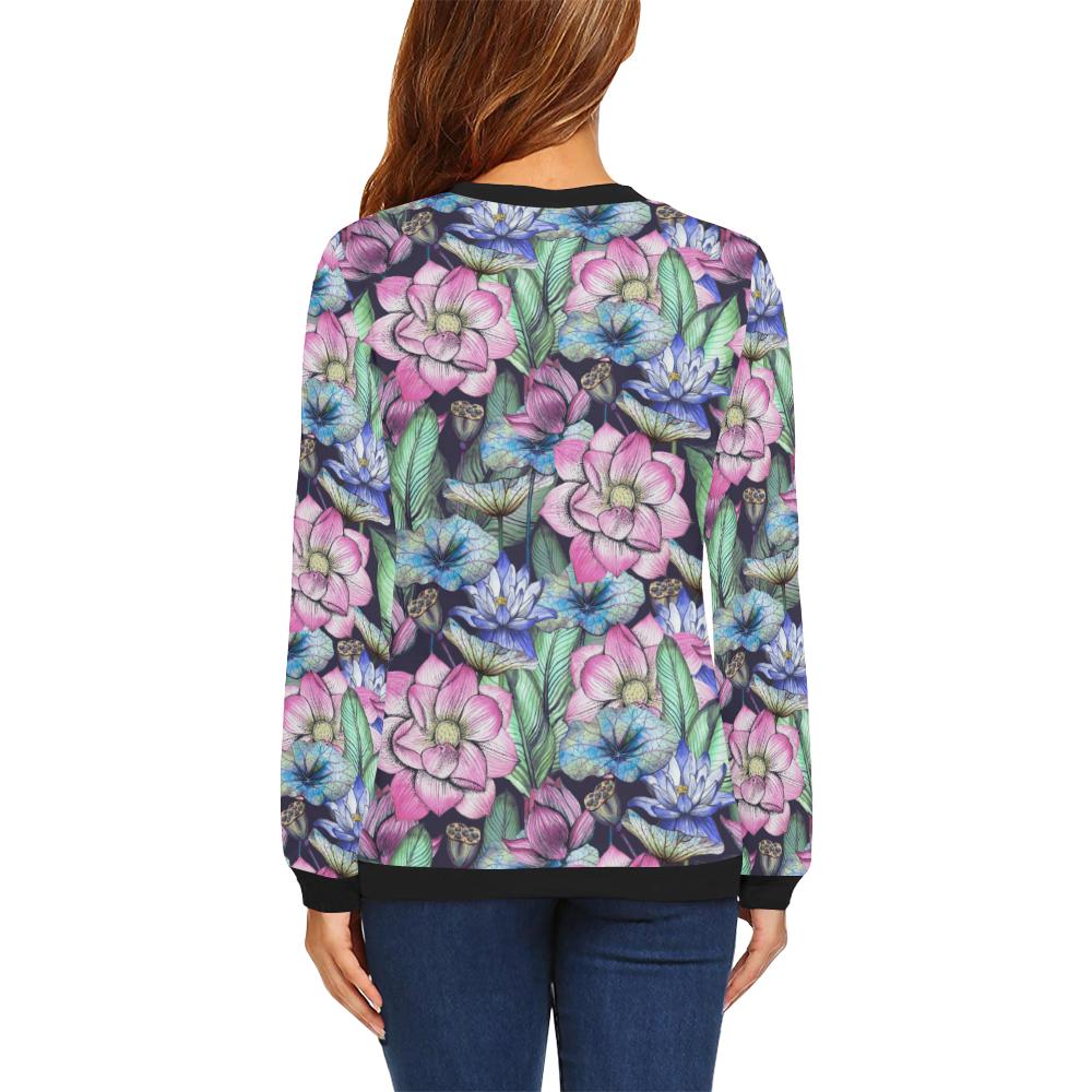 Water Lily Pattern Print Design WL07 Women Long Sleeve Sweatshirt-JorJune