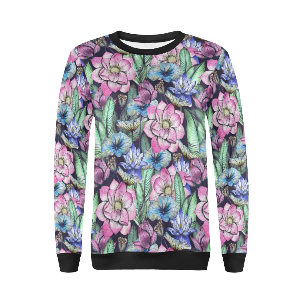 Water Lily Pattern Print Design WL07 Women Long Sleeve Sweatshirt-JorJune