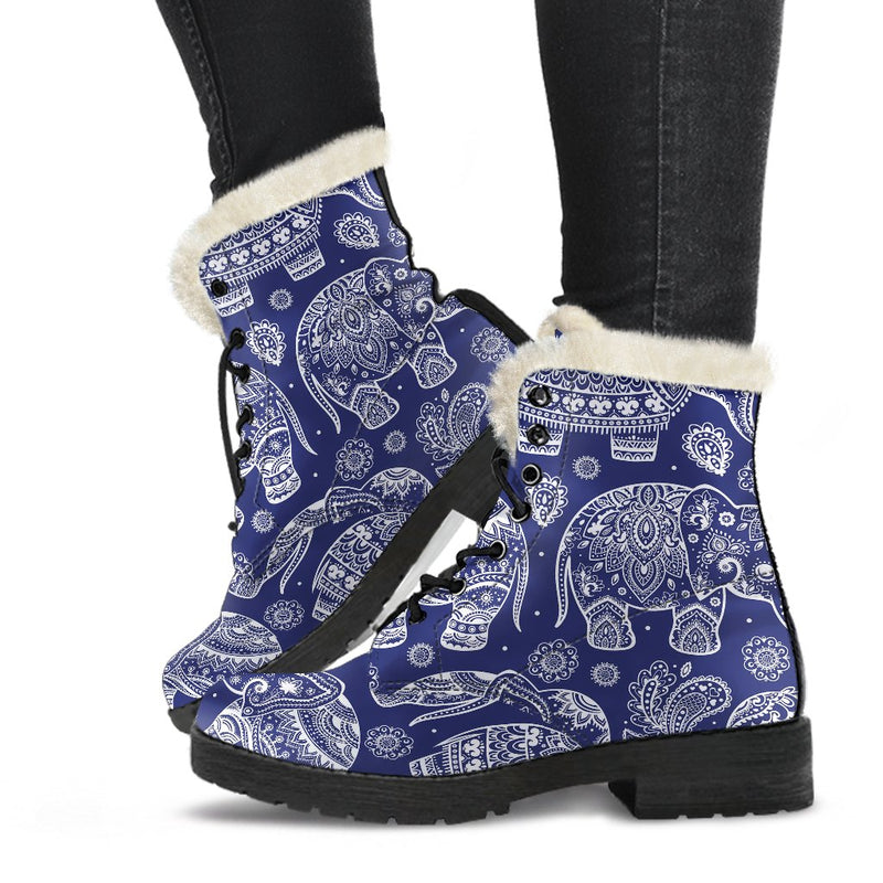 White Elephant Mandala Faux Fur Leather Boots