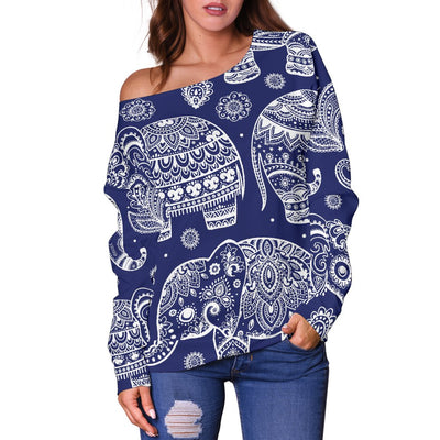 White Elephant Mandala Off Shoulder Sweatshirt