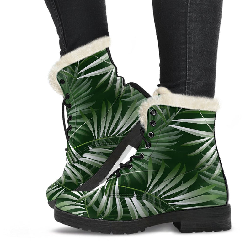 White Green Tropical Palm Leaves Faux Fur Leather Boots