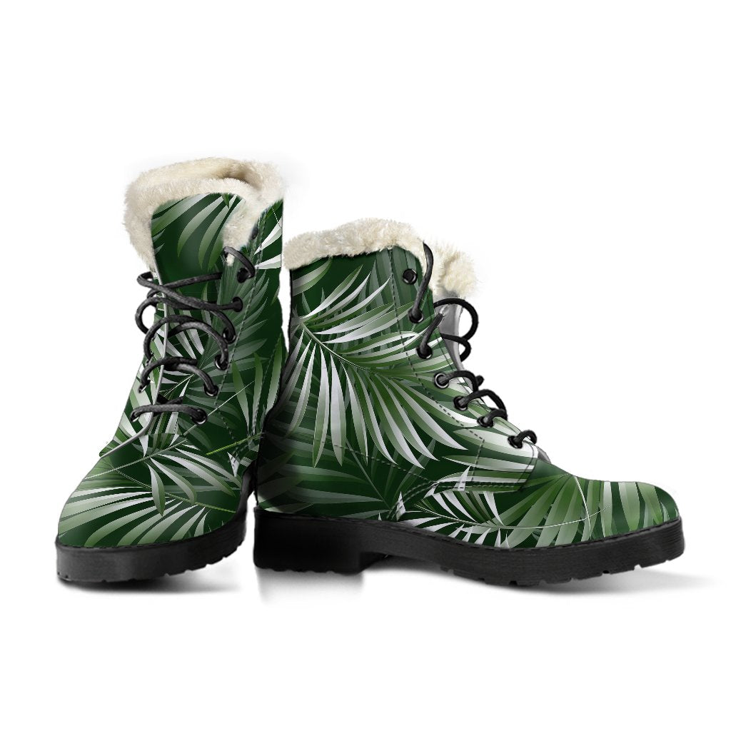 White Green Tropical Palm Leaves Faux Fur Leather Boots