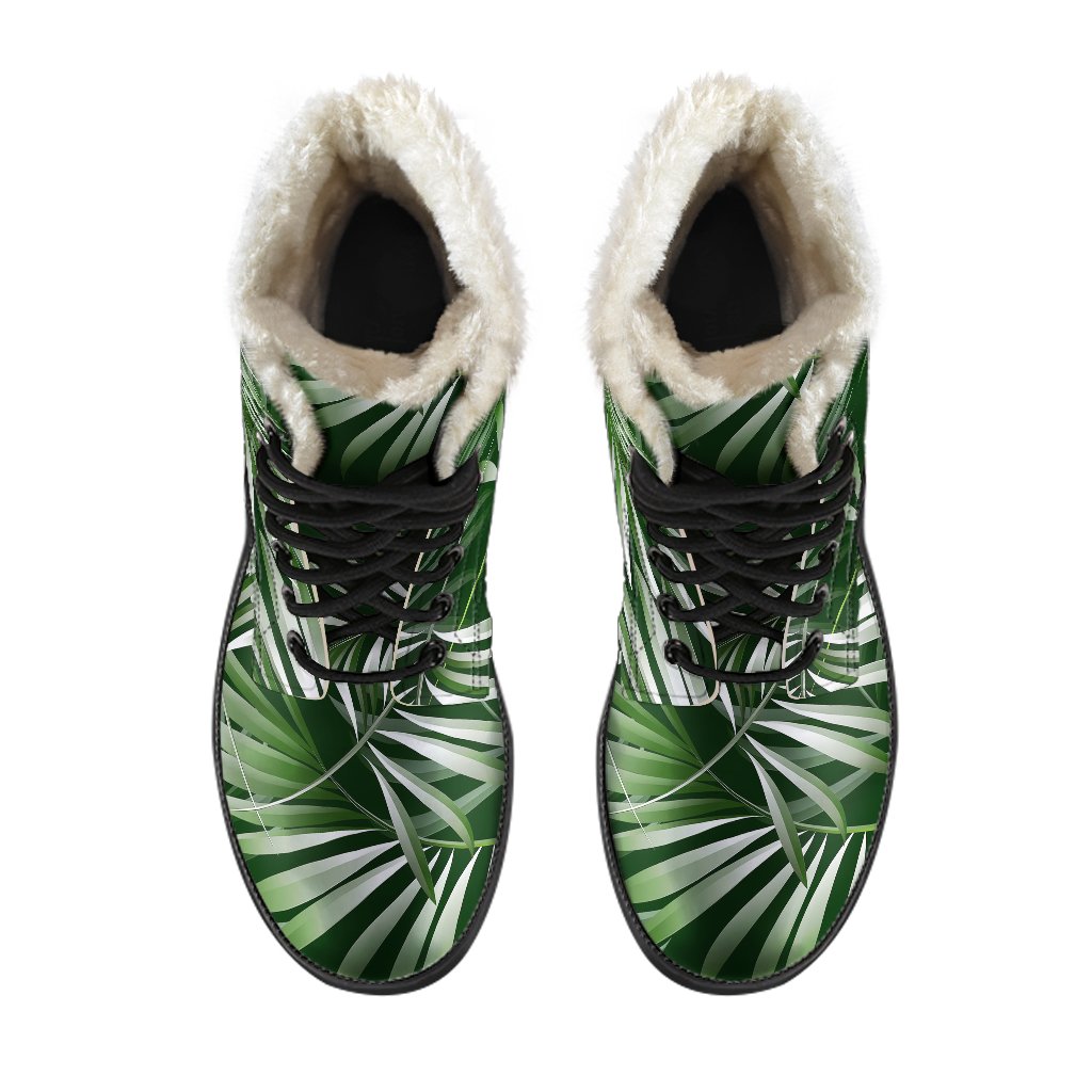 White Green Tropical Palm Leaves Faux Fur Leather Boots