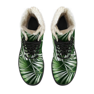 White Green Tropical Palm Leaves Faux Fur Leather Boots
