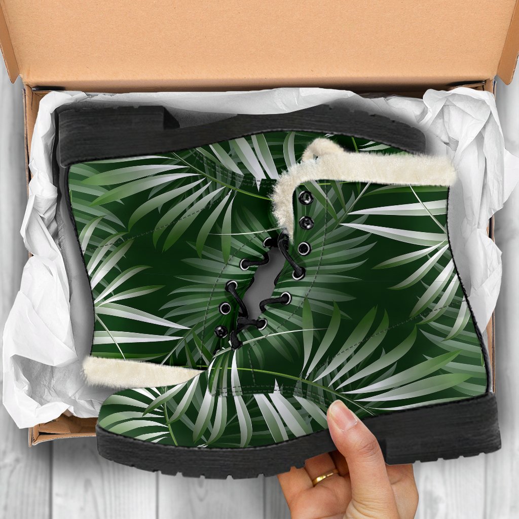 White Green Tropical Palm Leaves Faux Fur Leather Boots