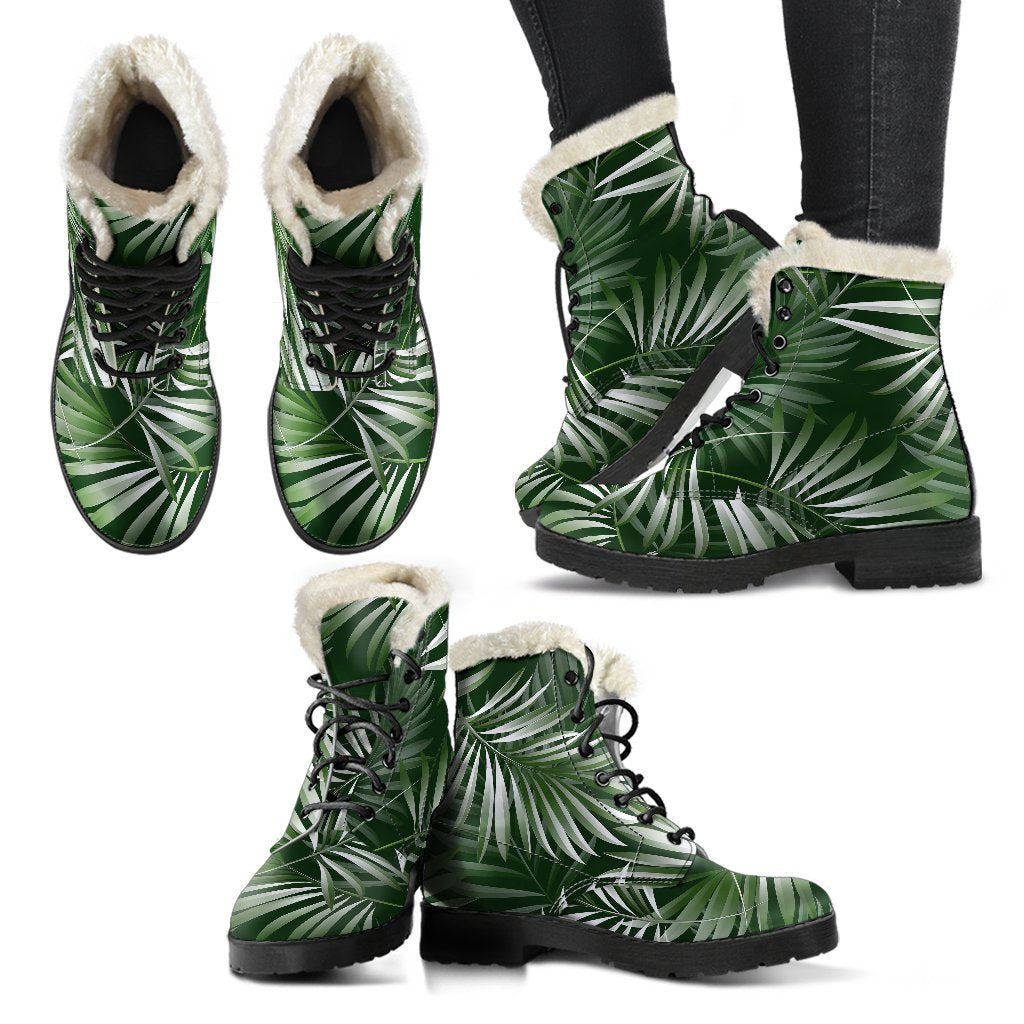 White Green Tropical Palm Leaves Faux Fur Leather Boots