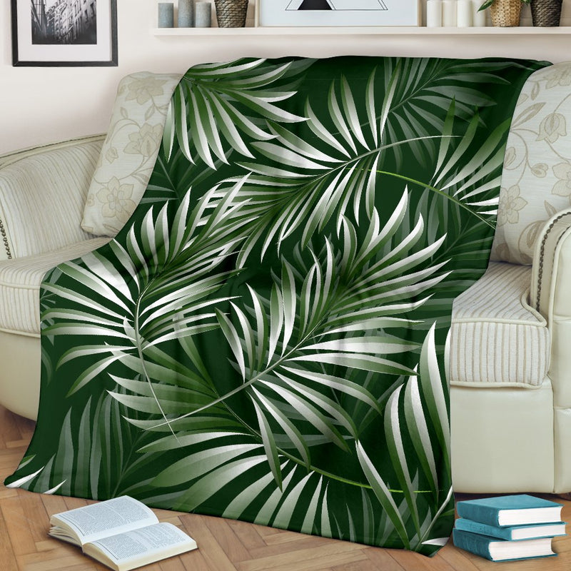 White Green Tropical Palm Leaves Fleece Blanket