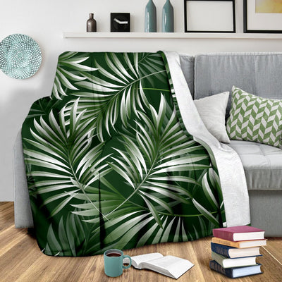 White Green Tropical Palm Leaves Fleece Blanket