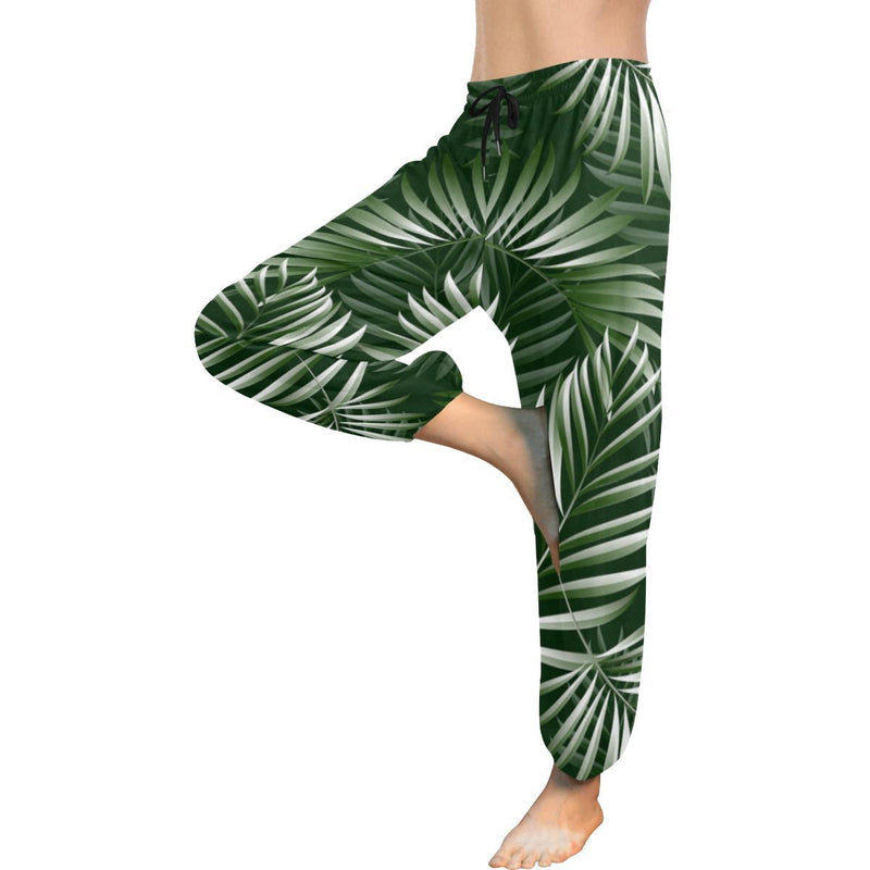 White & Green Tropical Palm Leaves Harem Pants
