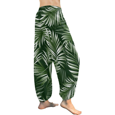 White & Green Tropical Palm Leaves Harem Pants