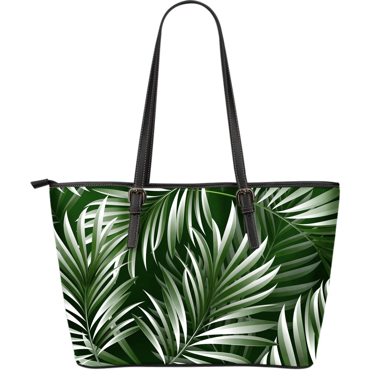 White & Green Tropical Palm Leaves Large Leather Tote Bag