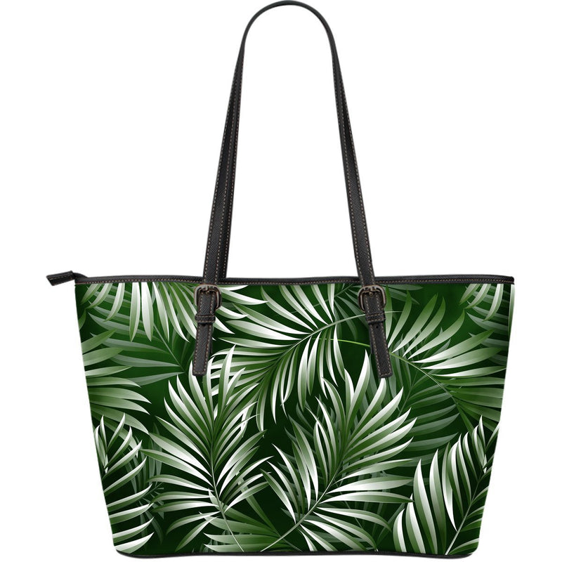 White Green Tropical Palm Leaves Large Leather Tote Bag