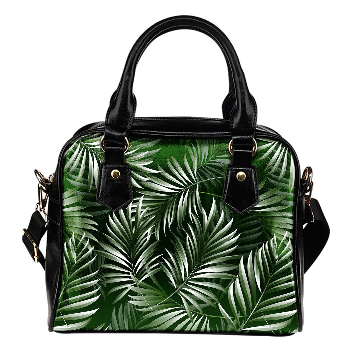 White Green Tropical Palm Leaves Leather Shoulder Handbag