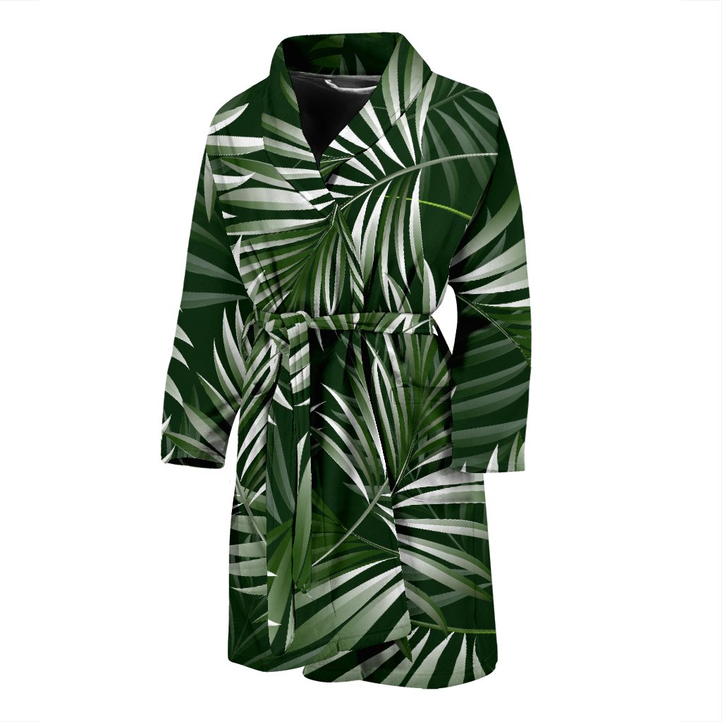 White Green Tropical Palm Leaves Men Bath Robe