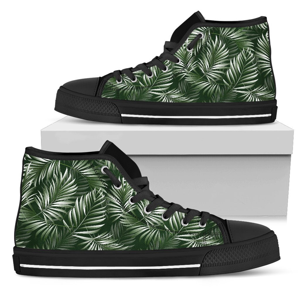 White & Green Tropical Palm Leaves Men High Top Canvas Shoes