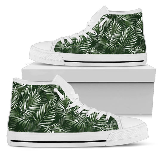 White & Green Tropical Palm Leaves Men High Top Canvas Shoes