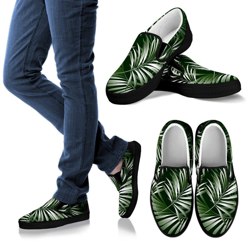 White Green Tropical Palm Leaves Men Slip On Shoes