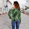 White Green Tropical Palm Leaves Off Shoulder Sweatshirt