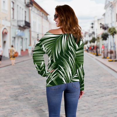 White Green Tropical Palm Leaves Off Shoulder Sweatshirt