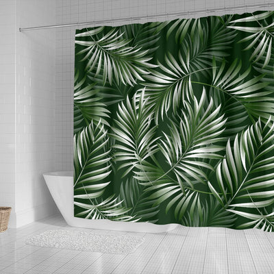 White _ Green Tropical Palm Leaves Shower Curtain
