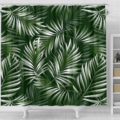 White Green Tropical Palm Leaves Shower Curtain