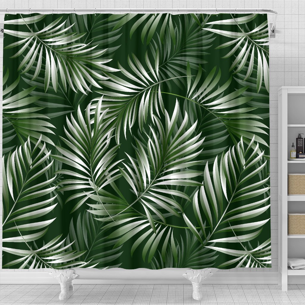 White _ Green Tropical Palm Leaves Shower Curtain