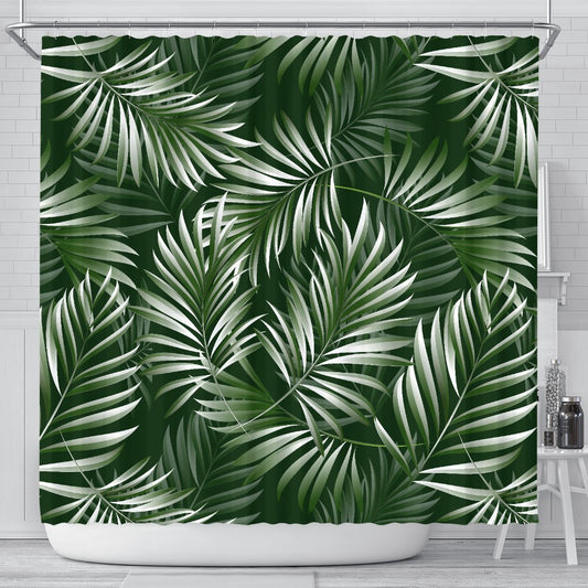White _ Green Tropical Palm Leaves Shower Curtain