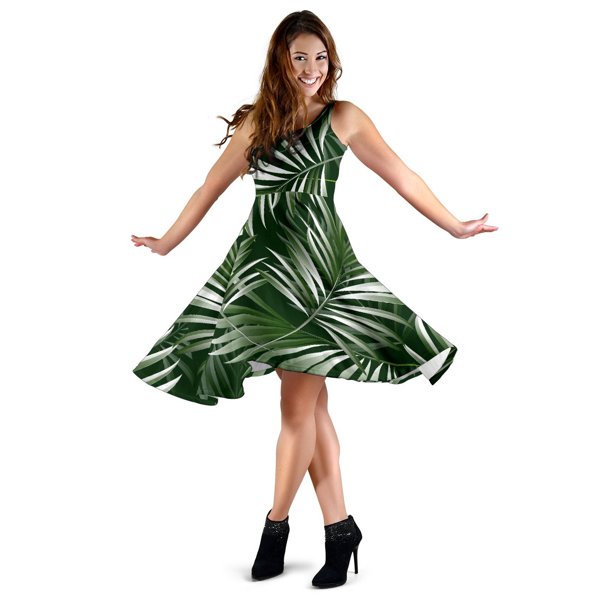 White Green Tropical Palm Leaves Sleeveless Mini Dress