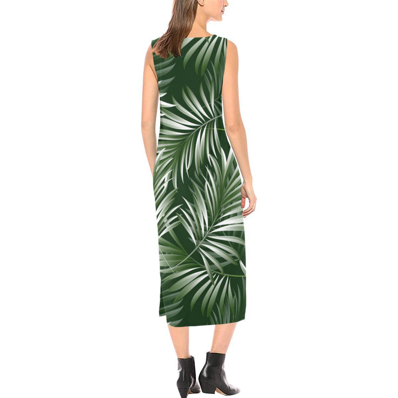 White Green Tropical Palm Leaves Sleeveless Open Fork Long Dress