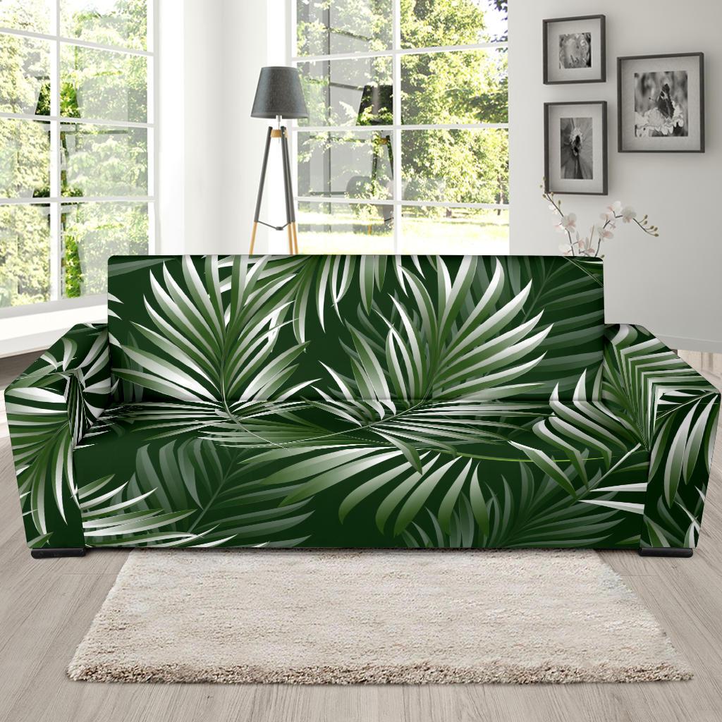 White Green Tropical Palm Leaves Sofa Slipcover-JORJUNE.COM