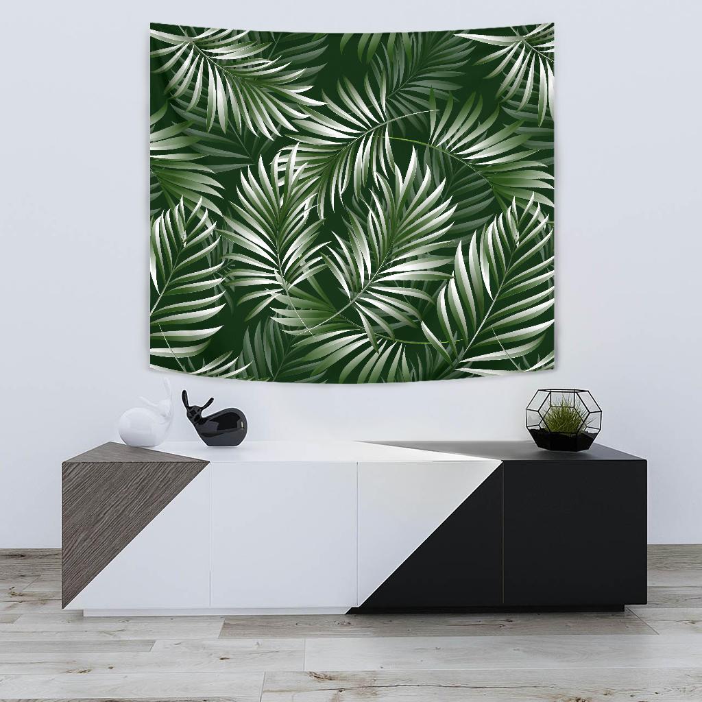 White Green Tropical Palm Leaves Tapestry