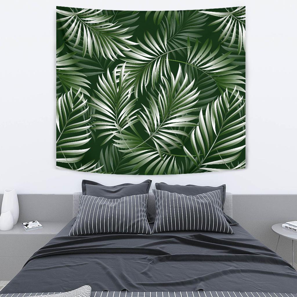 White Green Tropical Palm Leaves Tapestry